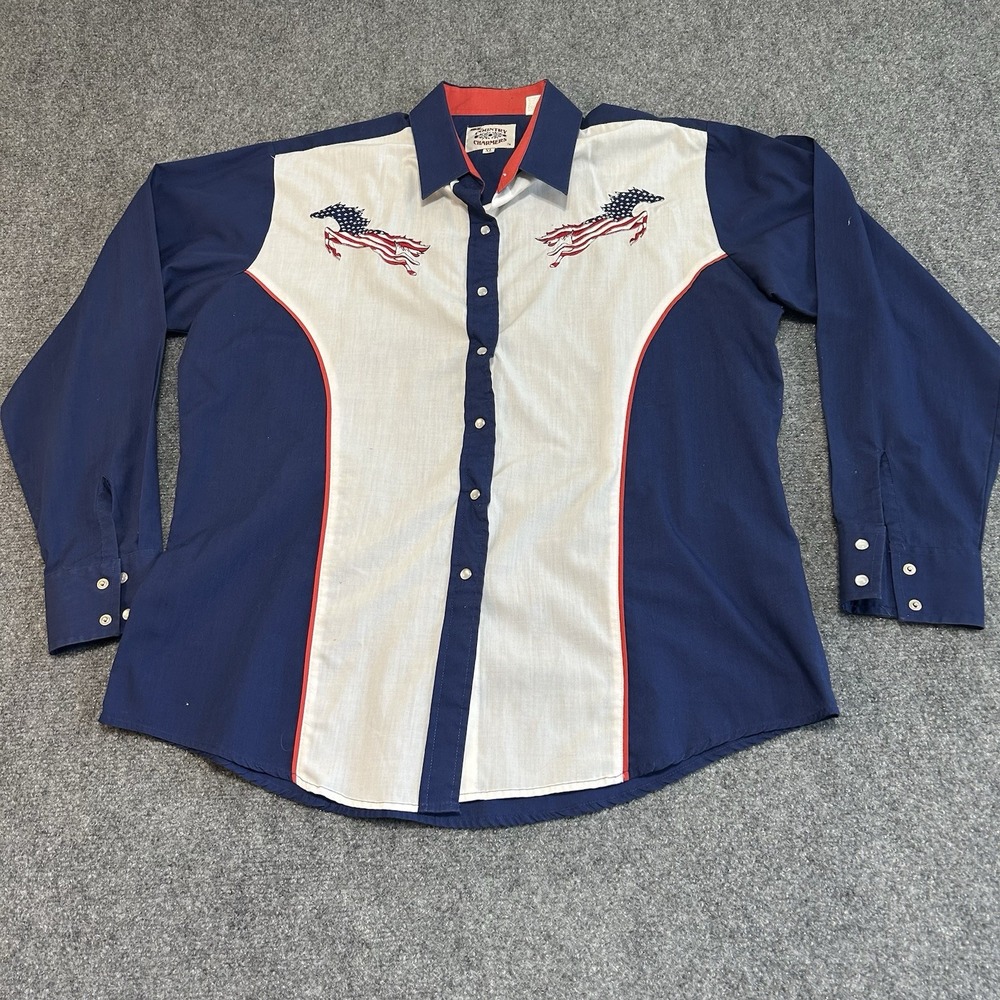 Ely Cattleman Navy, White and Red Western Flag-Embroidered Button-Down Shirt